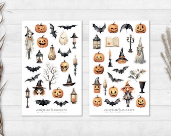 Halloween Sticker Set - Aufkleber, Journal Sticker, Planer Sticker, Sticker Kürbis, Fledermaus, Hexe, Gespenst, Geist, Stickerbogen, Kerzen