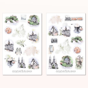 Set di adesivi Svizzera - Adesivi, adesivi per diari, adesivi per le vacanze, diario di viaggio, viaggi, escursioni, attrazioni, gita in città, Europa