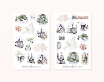 Set de pegatinas de Suiza: pegatinas para diarios, pegatinas de vacaciones, diarios de viaje, excursiones, visitas turísticas, escapadas urbanas, Europa
