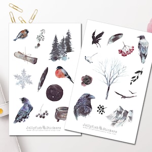 Krähen Sticker Set - Aufkleber, Journal Sticker, Mystische Sticker, Sticker Sheet, Sticker Wald, Vögel, Natur, Bäume, Raben, Magie