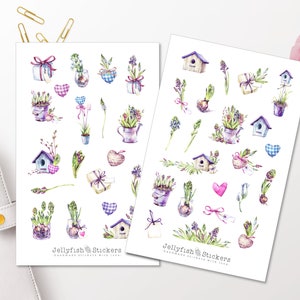 Conjunto de pegatinas de plantas de primavera - Pegatinas del planificador, pegatinas del diario, jardín, plantas, naturaleza, flores, primavera, verde, hoja de pegatinas de la casa de pájaros