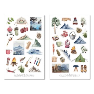 May include: Two sheets of stickers featuring watercolor illustrations of camping and nature scenes. The stickers include images of mountains, trees, tents, campfires, a grill, a lantern, a mug, a sleeping bag, a campfire, a knife, a fork, a spoon, a marshmallow, a hot dog, a pine cone, a hat, a pair of boots, and more. The stickers are labeled "Jellyfish Stickers - handmade stickers with love."