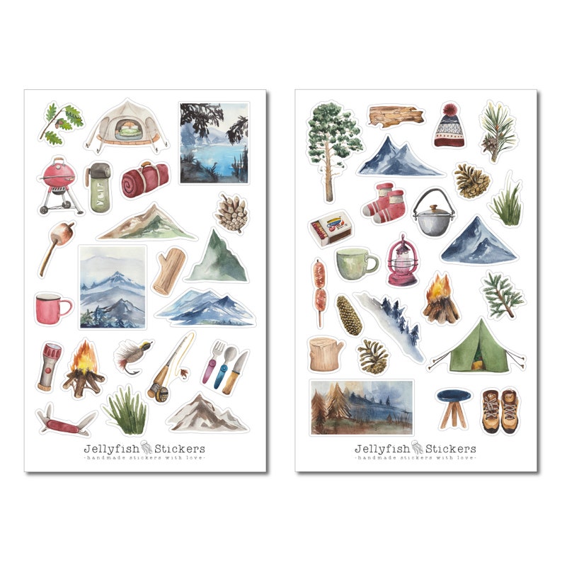May include: Two sheets of stickers featuring watercolor illustrations of camping and nature scenes. The stickers include images of mountains, trees, tents, campfires, a grill, a lantern, a mug, a sleeping bag, a campfire, a knife, a fork, a spoon, a marshmallow, a hot dog, a pine cone, a hat, a pair of boots, and more. The stickers are labeled "Jellyfish Stickers - handmade stickers with love."
