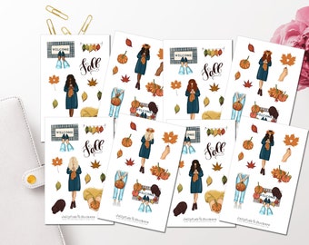 Autumn Girl Sticker Set - Journal Stickers, Planner Stickers, Girl Stickers, Thanksgiving Stickers, Leaves, Pumpkin, Sticker Sheet