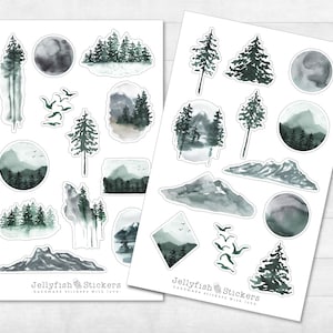 Set adesivi foresta - Adesivi diario, adesivi pianificatore, adesivi Natura, Montagne, Escursionismo, Campeggio, Vacanze, Nebbia, Uccelli, Acquerello, Luna