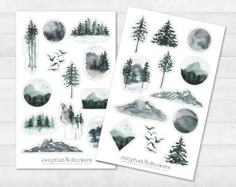 Forest Sticker Set - Journal Stickers, Planner Stickers, Stickers Nature, Mountains, Hiking, Camping, Vacation, Fog, Birds, Watercolor, Moon