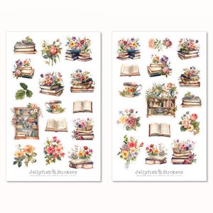 Bücher Floral Sticker Set - Aufkleber, Journal Sticker, Planer Sticker, Sticker Lesen, Blumen, Bibliothek, Lesezimmer, Vintage, Gegenstände