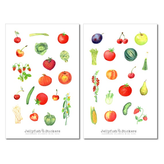 Obst & Gemüse Sticker Set - 2 Bögen Handgemachte Aufkleber Für Kochbuch, Journal & DIY