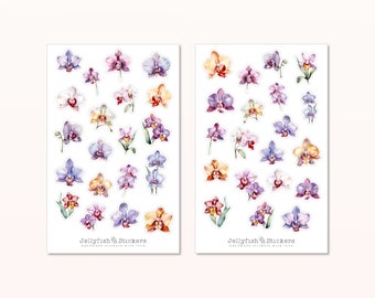 Orchid Sticker Set - Floral Stickers, Journal Stickers, Flower Stickers, Nature, Garden, Plants, Floral, Purple