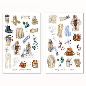Set di adesivi invernali - Adesivi per diario, adesivi per pianificatore, decalcomanie, adesivi Neve, Casa, Moda, Cappello, Giacca, Ragazze, Vestiti, Accogliente