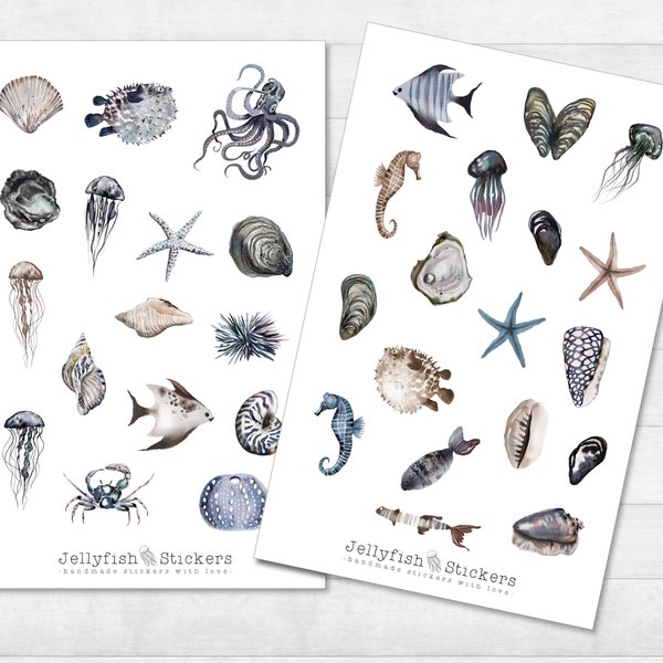 Maritime sticker set - sea stickers, journal stickers, stickers shells, beach, fish, stones, vacation, jellyfish, sea creatures, crab, water