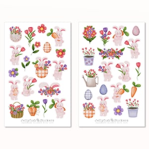 Juego de pegatinas de primavera: pegatinas para diario, pegatinas para planificador, conejito, Pascua, lindo, dulce, flores, días festivos, naturaleza, jardín, plantas, huevos