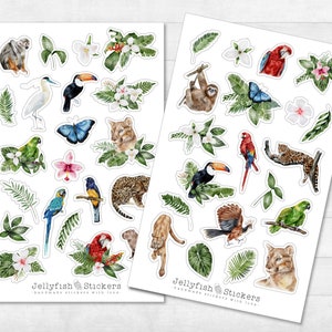 Set di adesivi per animali tropicali: adesivi per diario, adesivi per pianificatore, animali, estate, uccelli, uccelli, giungla, fiori, piante, leopardo