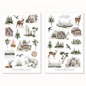 Conjunto de pegatinas del bosque - pegatinas de diario, pegatinas del planificador, pegatinas naturaleza, montañas, senderismo, camping, vacaciones, niebla, pájaros, acuarela, ciervos, ciervos