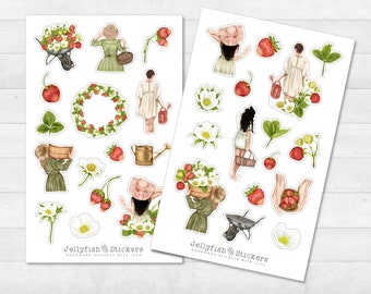 Aardbeien sticker set - dagboekstickers, plannerstickers, stickers, stickers zomer, bloemen, planten, meisjes, vrouwen, tuin