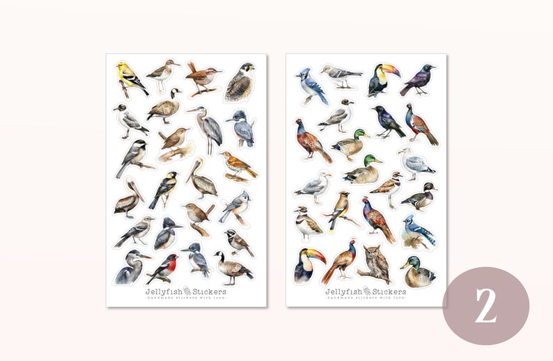 May include: Two sheets of stickers featuring watercolor illustrations of various birds. The stickers are labeled "Jellyfish Stickers" and are handmade with love. The sheets are white with a light gray border.