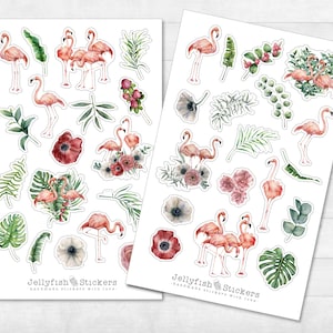Conjunto de pegatinas de flamenco - Pegatinas de diario, pegatinas del planificador, animales, verano, pájaro, pájaros, flores, tropical, rosa, rosa, vacaciones, hoja de pegatinas