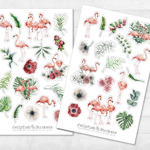 Flamingo Sticker Set - Journal Sticker, Planer Sticker, Tiere, Sommer, Vogel, Vögel, Blumen, Tropisch, Pink, Rosa, Urlaub, Stickerbogen