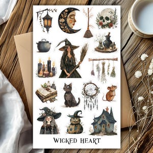 May include: A sticker sheet featuring watercolor illustrations of witchy and mystical elements. Includes a witch with a broom, a black cat, a skull, a crescent moon, candles, a dreamcatcher, and the text "WICKED HEART".