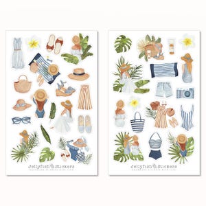 Set di adesivi estivi per ragazze - Adesivi per planner, adesivi per diario, vacanze, spiaggia, mare, bikini, costume da bagno, tropicale, piante, natura, fiori