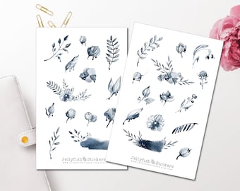 Blue Flowers Sticker Set - Floral Stickers Journal Stickers Flower Stickers Planner Stickers Sticker Sheet