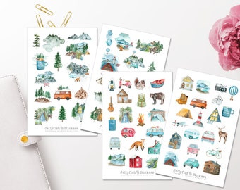 Camping Sticker Set - Stickers, Journal Stickers, Trip, Travel, Hiking, Camping, Animals, Nature, Forest, Trees, Mountains, Vacation, Wanderlust