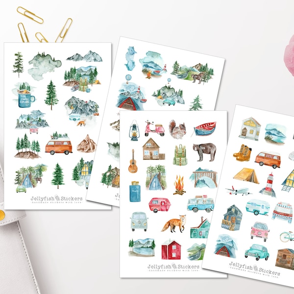 Camping Sticker Set - Stickers, Journal Stickers, Trip, Travel, Hiking, Camping, Animals, Nature, Forest, Trees, Mountains, Vacation, Wanderlust
