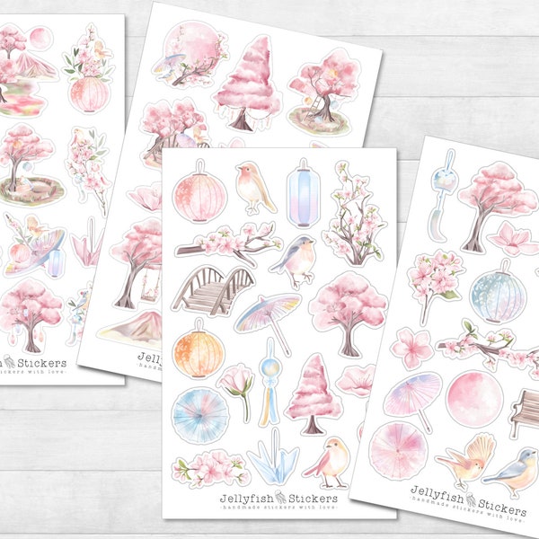 Kirschblüten Sticker Set - Aufkleber, Journal Sticker, Florale Sticker, Sticker Natur, Garten, Frühling, Blumen, Vögel, Baum, Park, Japan
