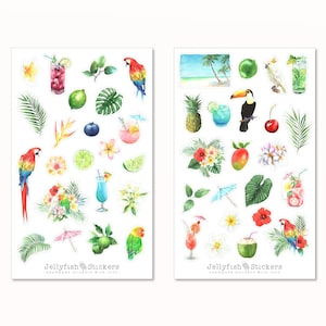 Zomerstickerset - Stickers, Dagboekstickers, Stickers Strand, Zee, Reisdagboek, Reizen, Zon, Vakantie, Vogels, Bloemen, Fruit, Tropisch