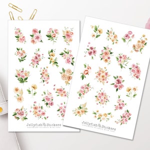 Ensemble d’autocollants de fleurs roses - Autocollants floraux, autocollants de journal, autocollants de fleurs, pastel, jardin, nature, bouquet, floral, fleurs, feuilles