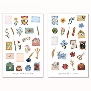 Conjunto de pegatinas de letras - pegatinas, pegatinas de diario, pegatinas de planificador, sellos de pegatinas, vintage, correo, escribir cartas, postal, flores