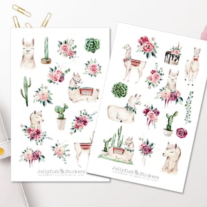Set de pegatinas de llamas: pegatinas para diario y planificador, animales, flores, ramo, cactus, adorables, hoja de pegatinas de llamas