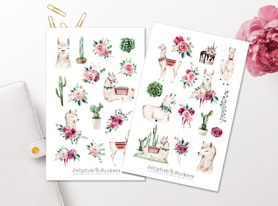 Lamas Sticker Set - Journal Sticker, Planer Sticker, Tiere, Blumen, Floral, Blumenstrauß, Kaktus, niedlich, Lama Sticker Sheet
