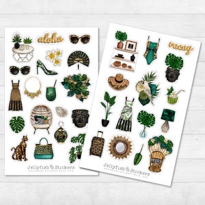 Conjunto de adesivos tropicais da moda - adesivos, adesivos para diário, adesivos para planejador, adesivos para meninas, adesivos para roupas, férias, verão, plantas
