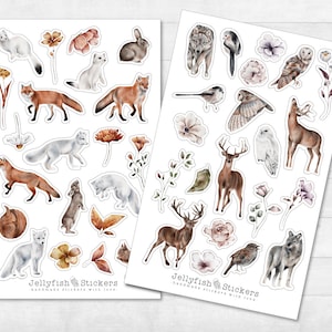 Waldtiere Sticker Set - Journal Sticker, Planer Sticker, Aufkleber, Wald, Eule, Vogel, Pflanzen, Blumen, Hirsch, Wolf, Reh, Fuchs, Hase