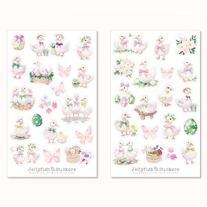 Enten Sticker Set - Frühling Küken Ente niedlich Tiere Journal Planer Blumen Feiertage Ostern Natur Garten Schmetterling Rosa