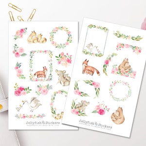 Tiere Familie Sticker Set - Journal Sticker, Planer Sticker, niedlich, süß, Sticker für Kinder, Baby, Mama, Papa, Bär, Fuchs, Blumen, Floral