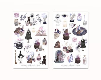 May include: Two sticker sheets featuring watercolor illustrations of witchy and mystical elements. The designs include black cats, potion bottles, crystals, cauldrons, dresses, and skulls. The text "Jellyfish Stickers" is at the bottom.