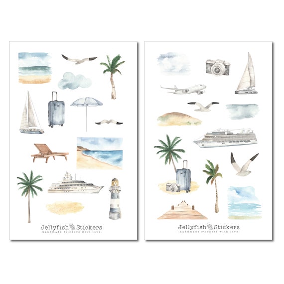 Sommer Watercolor Sticker Set – Meer-Motive (Anker, Muscheln, Strand) Für Journal, Scrapbooking