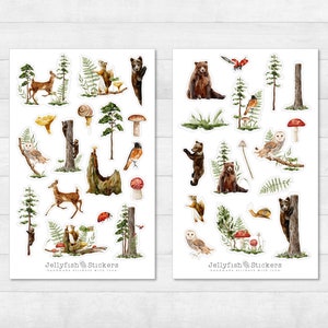 Ensemble d'autocollants animaux de la forêt - Autocollants pour journal, autocollants pour planificateur, autocollants, forêt, automne, nature, hibou, plantes, champignon, ours, cerf, escargot, oiseau