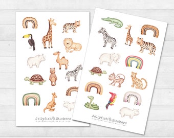 Tiere Sticker Set - Niedliche Aufkleber, Journal Sticker, Planer Sticker, Sticker für Kinder, Affe, Löwe, Zebra, Elefant, Regenbogen, Vogel