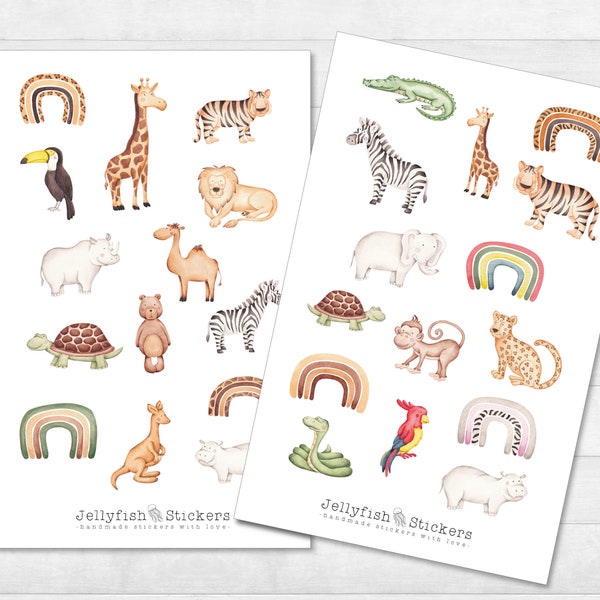 Tiere Sticker Set - Niedliche Aufkleber, Journal Sticker, Planer Sticker, Sticker für Kinder, Affe, Löwe, Zebra, Elefant, Regenbogen, Vogel