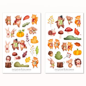 Ensemble d'autocollants mignons d'animaux de la forêt - autocollants, animaux autocollants, renard, hérisson, écureuil, souris, lapin, ours, automne, champignons, feuilles, nature, forêt