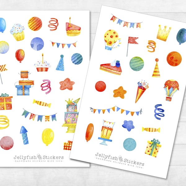 Geburtstag Sticker Set - Niedliche Aufkleber, Planersticker, Sticker Party, Luftballon, Kuchen, Geschenke, Kind, Baby, Einladungskarten