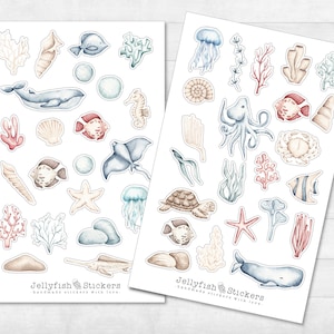Set adesivi pastello creature marine - adesivi marini, adesivi per diari, adesivi marittimi, conchiglie, spiaggia, vacanze, balene, meduse, delfini, estate