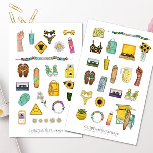 Conjunto de adesivos de verão para meninas - adesivos, adesivos para planejador, adesivos para meninas, adesivos para feriados, lazer, viagens, férias, praia, mar, flores