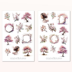 Kirschblüten Sticker Set - Florale Aufkleber, Journal Sticker, Sticker Blumen, Natur, Frühling, Japan, Rosa, Garten, Pflanzen, Bäume, Frau