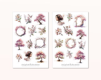 Kersenbloesem sticker set - bloemenstickers, dagboekstickers, stickerbloemen, natuur, lente, Japan, roze, tuin, planten, bomen, vrouw