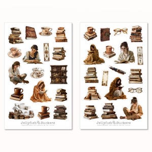 May include: A set of 24 bookish themed stickers featuring illustrations of books, coffee cups, and people reading. The stickers are in a watercolour style with brown, beige, and white colours. The text "Jellyfish Stickers" is printed on the bottom of each sheet.