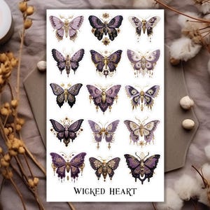 May include: A sheet of stickers featuring various butterfly designs in shades of purple, gold, and black. The butterflies have intricate details and are arranged on a white background. The text "WICKED HEART" is printed at the bottom.